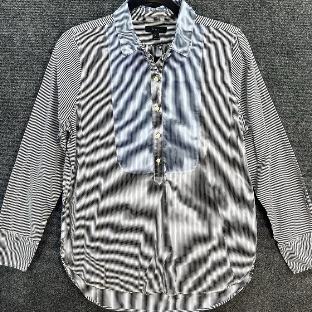 J.Crew Bib Popover 100% Cotton Long Sleeve Striped Gray Blue Women's 6 Career